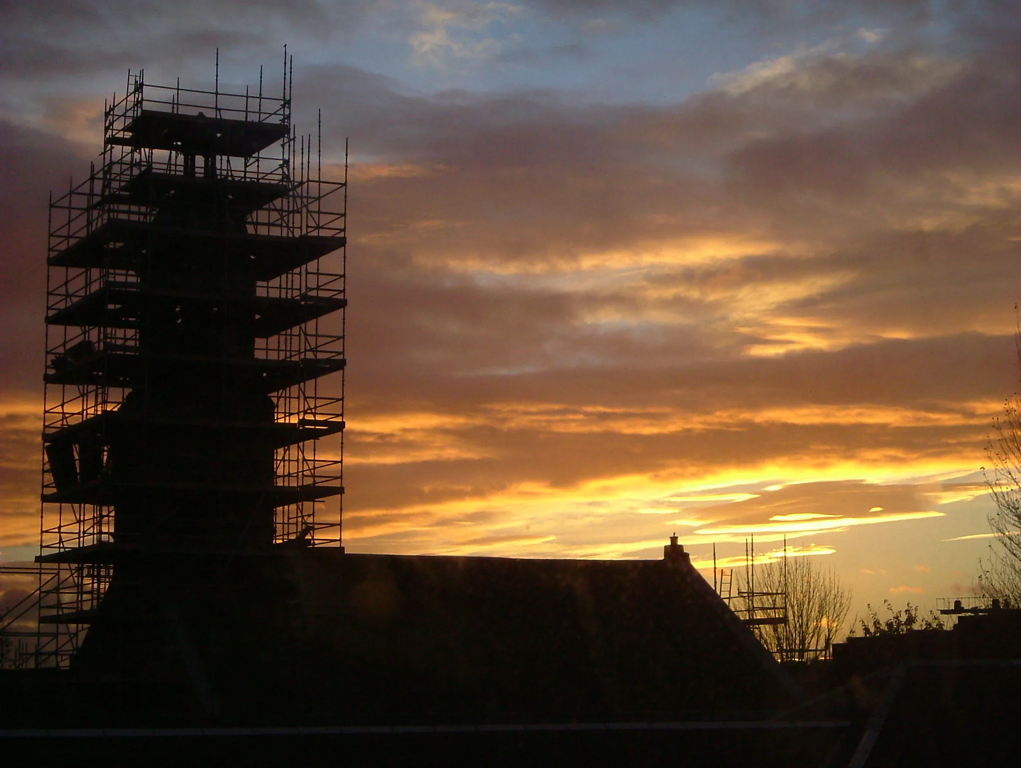 Old High Kirk, Kilmarnock, with scaffolding at sunset