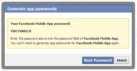 Facebook generated app password