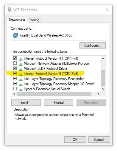 Windows Dialog: WiFi Properties > Internet Protocol Version 6