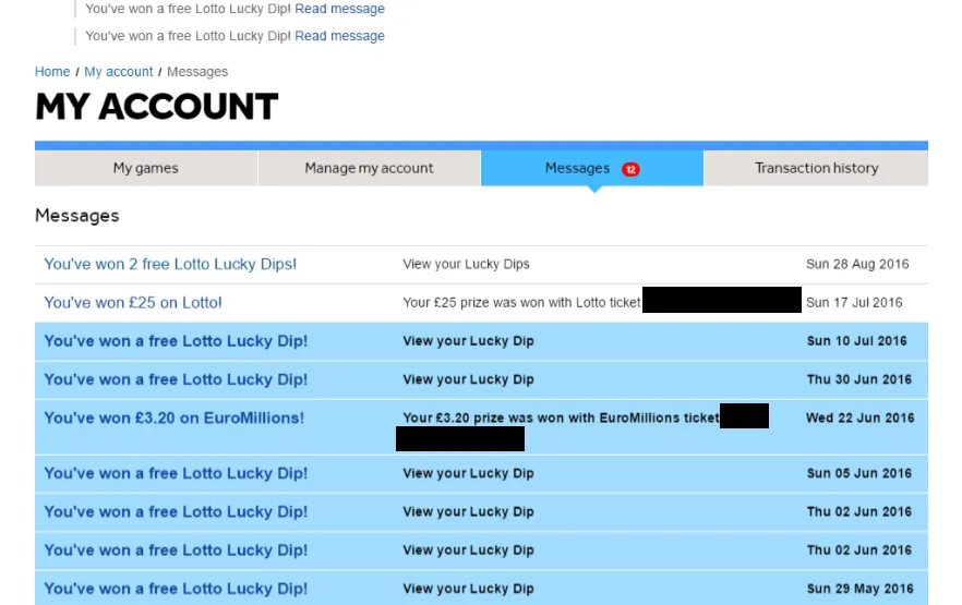 List of all lottery messages with some winning tickets